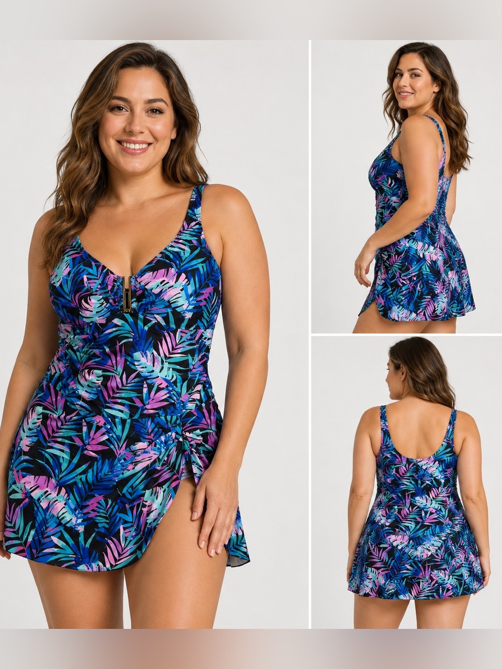 NWT Yonique Tropical Print Swim Dress One Piece Swimsuit Size Large